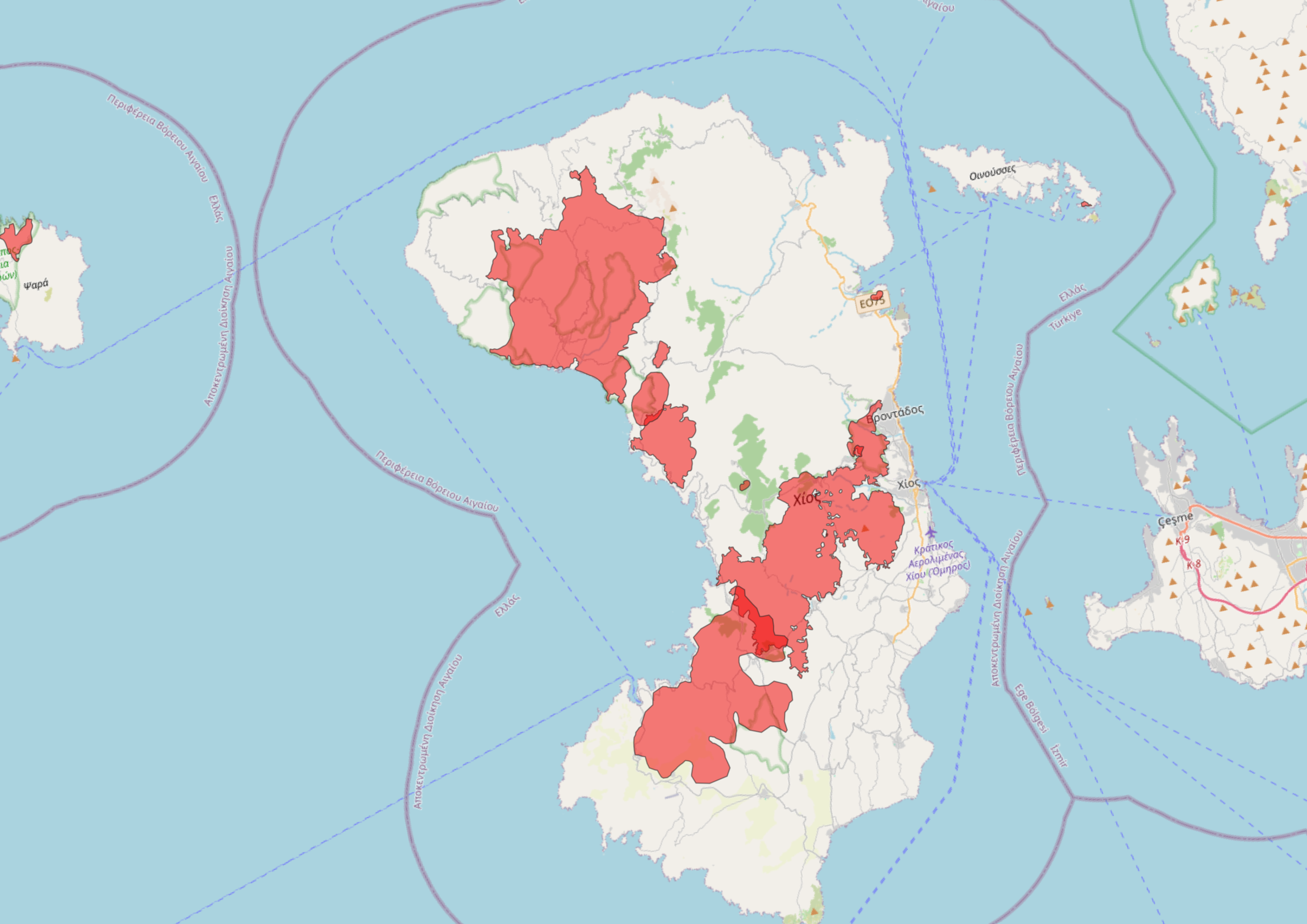 Map or satellite view related to a wildfire in Chios