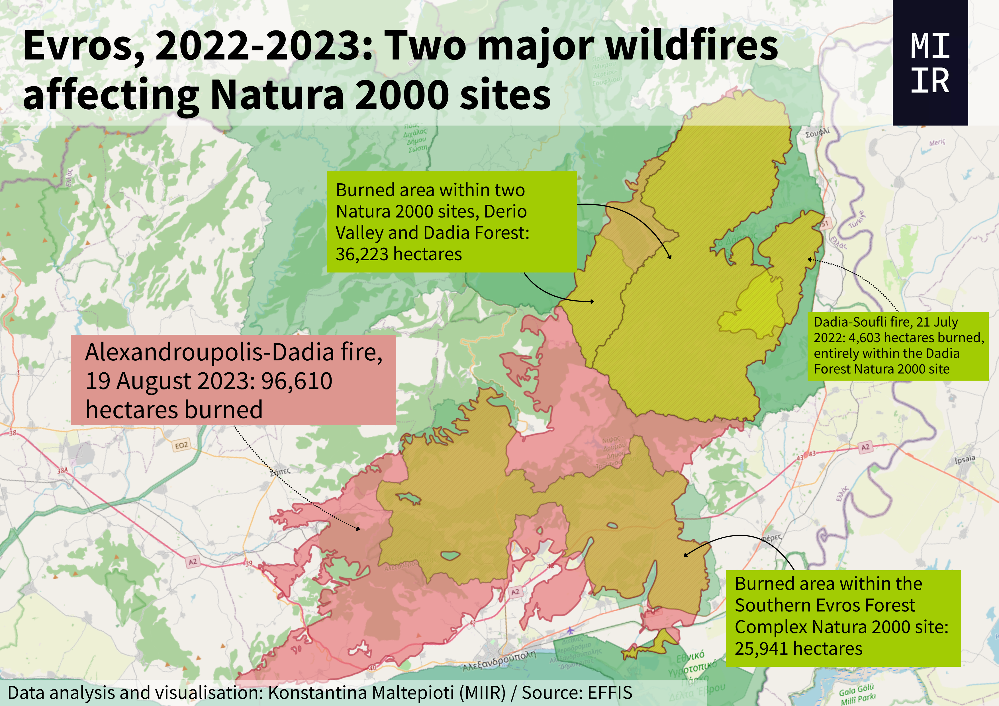 Map showing wildfire overlap with Natura 2000 sites in Evros